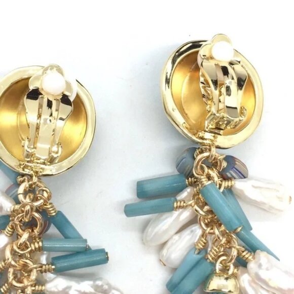 AKOLA NILE CULTURED PEARL CLIP ON DROP EARRINGS DANGLE TURQUOISE COLOR GOLD TONE - Picture 7 of 7